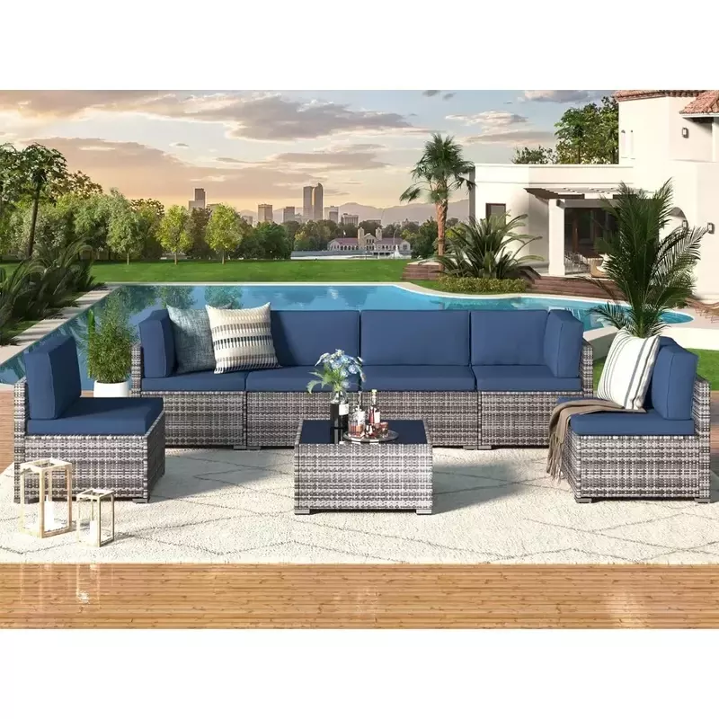 Garden Sofas Rattan Wicker Furniture, Outdoor Sectional Furniture Chair Set with Cushions and Tea Table,