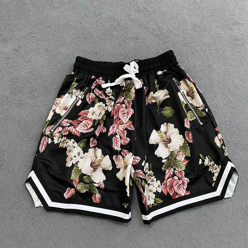 Pakaian jalanan pria, longgar kasual motif bunga pakaian panjang selutut pakaian pantai Hawaii pendek Hip Hop celana jogging pendek