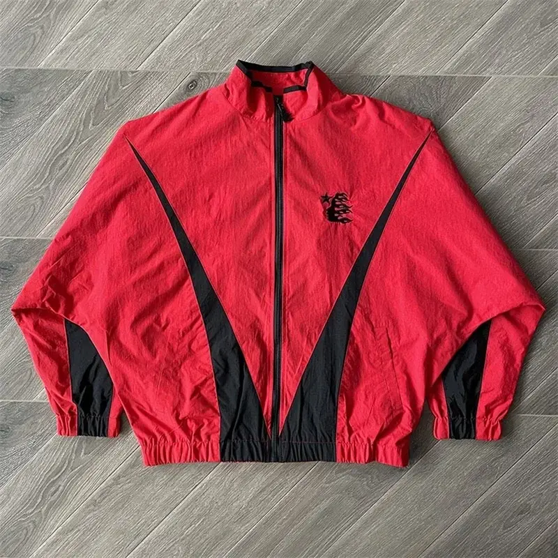 2024ss HELLSTAR studio jaket besar Pria Wanita 1:1 kualitas terbaik bordir Logo jaket Track merah