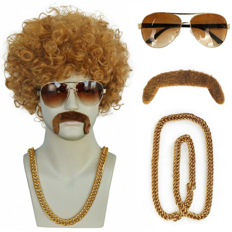 Boné de cosplay sintético curto afro encaracolado masculino, preto marrom anos 80, disco rock dos anos 70, 1 colar, 1 óculos, 1 boné de peruca, 1 barba