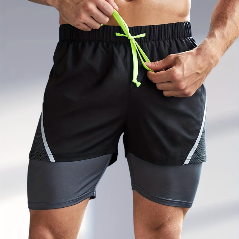 Celana pendek pria, kasual nyaman pinggang elastis 2 dalam 1 Cepat Kering olahraga Jogging lapisan ganda musim panas