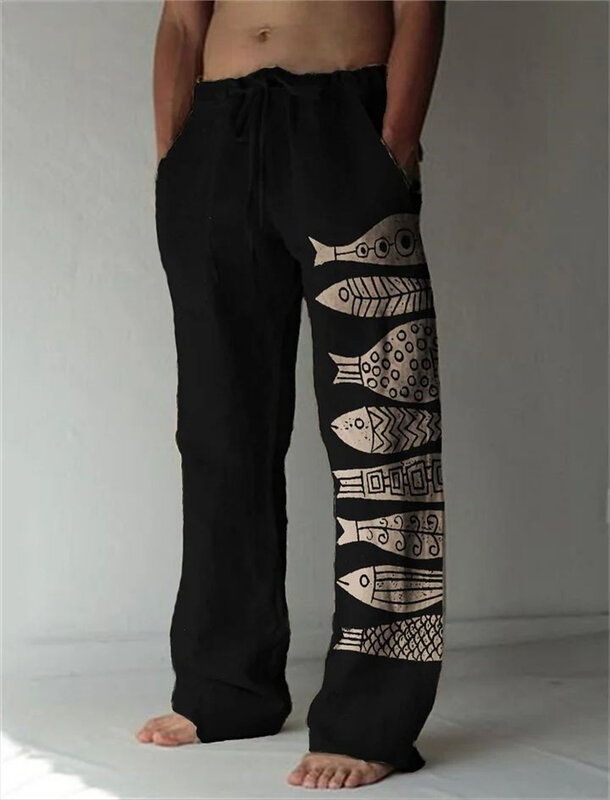 Celana panjang lurus pria, bawahan cetakan 3D pola ikan tinta hitam slim fit kasual nyaman