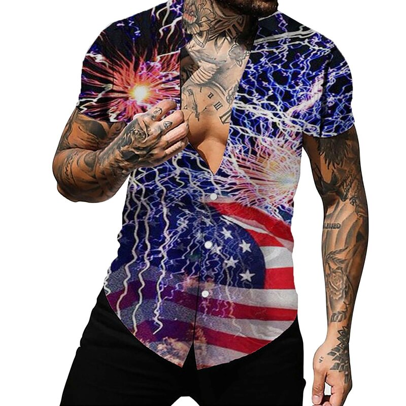 Повседневная пляжная рубашка оверсайз с коротким рукавом и 3D-принтом флага на День Независимости