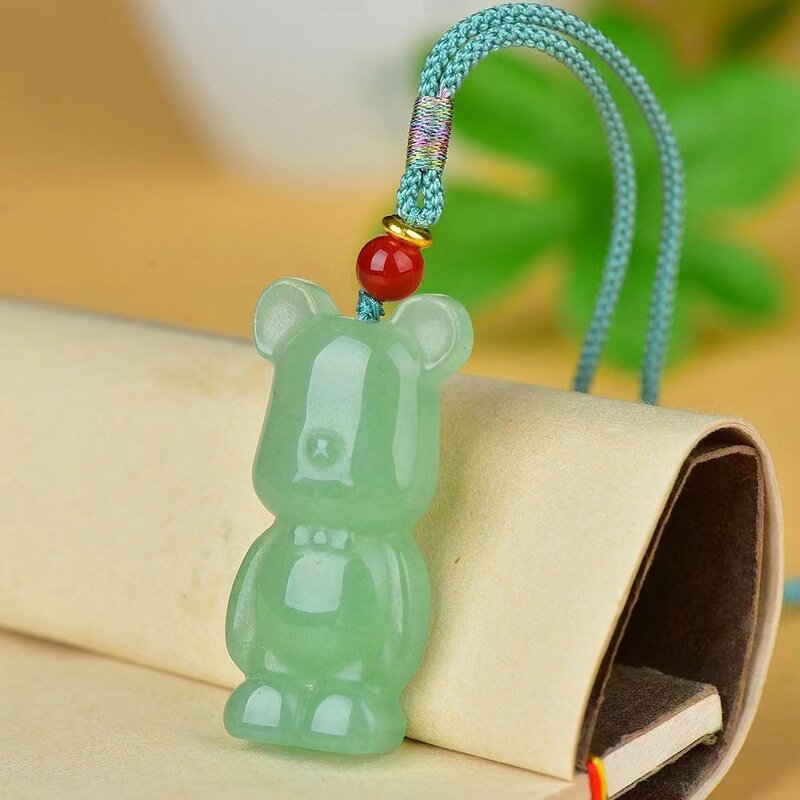 Pingente de jade aventurina para homens e mulheres, colar de pedra verde natural, mascote urso bonito, amuleto simples