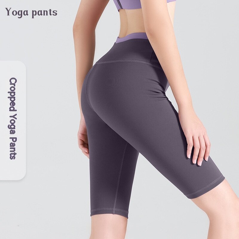Celana Yoga olahraga lari cepat kering, celana Yoga lima titik pengangkat pinggul ketat persik pinggang tinggi