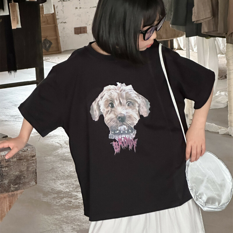 Kaus katun ukuran Korea, T-shirt katun longgar lengan setengah motif anjing kartun, pakaian kaus gaya Korea untuk anak laki-laki dan perempuan