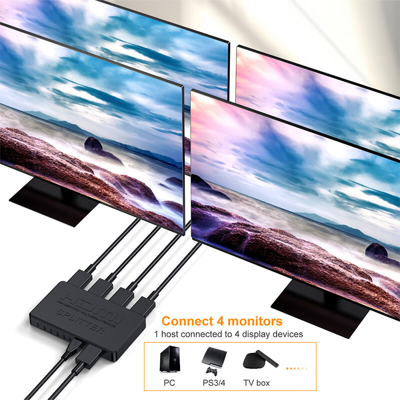 4K x 2K HDMI Splitter 1 in 4 OUT HDMI Video displifier 1 SIGNAL TO 4 Screen สำหรับ Xbox DVD TV PC แล็ปท็อป