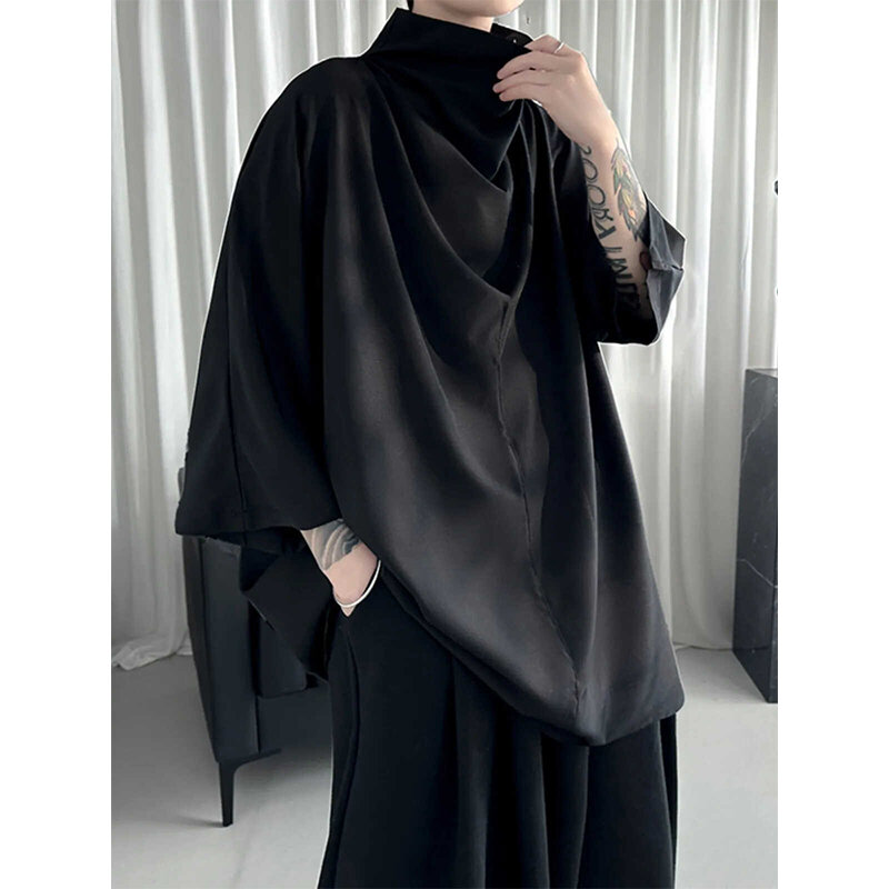 Рубашка мужская однотонная свободного покроя, Повседневная модная сорочка с воротником-стойкой, рукав 3/4, универсальная блузка в стиле Харадзюку, уличная одежда, черный цвет, Y2K, лето