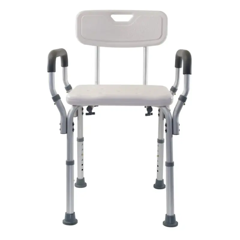 Sedia da doccia modellata regolabile in altezza per forniture mediche essenziali con braccioli imbottiti e schienale
