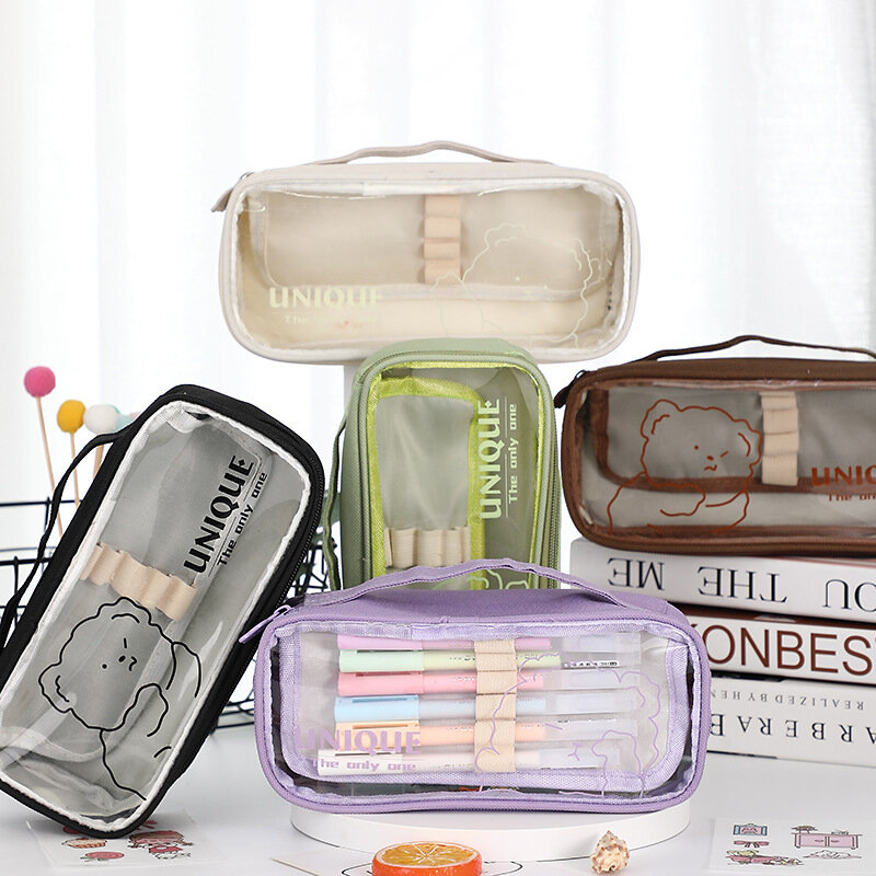 심플한 만화 곰 연필 가방, 귀여운 연필 케이스, 방수 투명 대용량 문구 보관 가방, 학생 용품