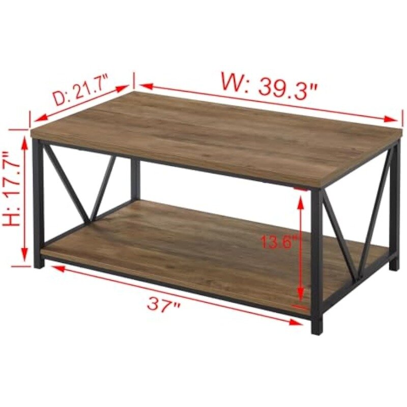 Деревенский кофейный столик с полкой для хранения, винтажный деревянный и металлический коктейльный стол для гостиной
