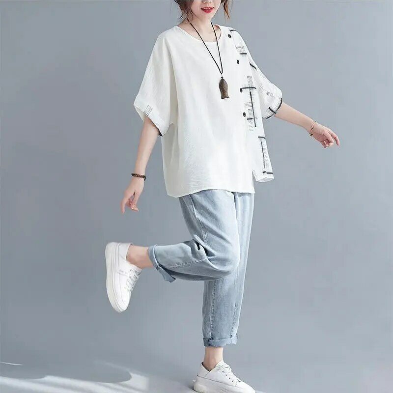 Harajuku-camisetas ajustadas para mujer, ropa holgada e informal, con cuello redondo y botones, de manga corta, a la moda