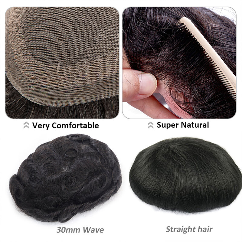 男性用の薄いレースのトーピー,天然色の人間の髪の毛の交換システム,ウェーブ,ストレートヘア,20mm
