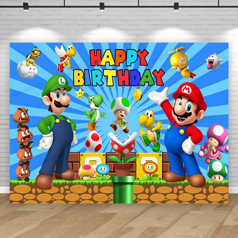 Super Marios Bros Party Hintergrund Dekoration Jungen Herausforderung Spiel Geburtstag Hintergrund Baby party Fotostudio Banner Requisiten