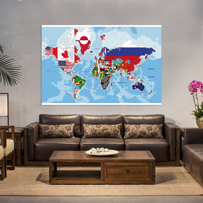Grande mapa do mundo não tecido com bandeiras do país, decoração da parede do escritório e da escola, pintura do cartaz, 150x225cm