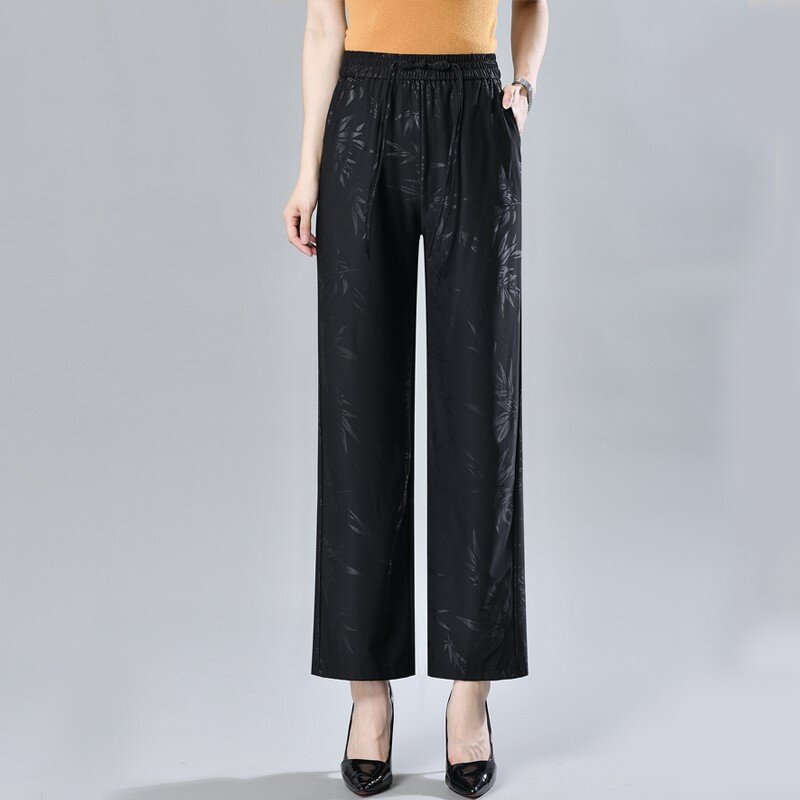 Spodnie w kwiaty sznurowane fajne spodnie koreańskie spodnie Y2k nowe satynowe proste spodnie damskie letnie cienkie lodowy jedwab