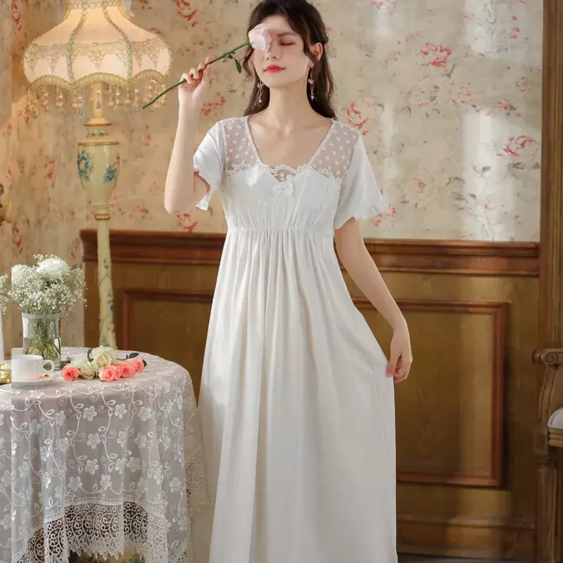 Frauen Sommer Spitze Kurzarm sexy Peignoir Robe viktoria nischen Nachthemd Baumwolle lange Nacht Kleid Prinzessin Nachtwäsche Fee Nachtwäsche
