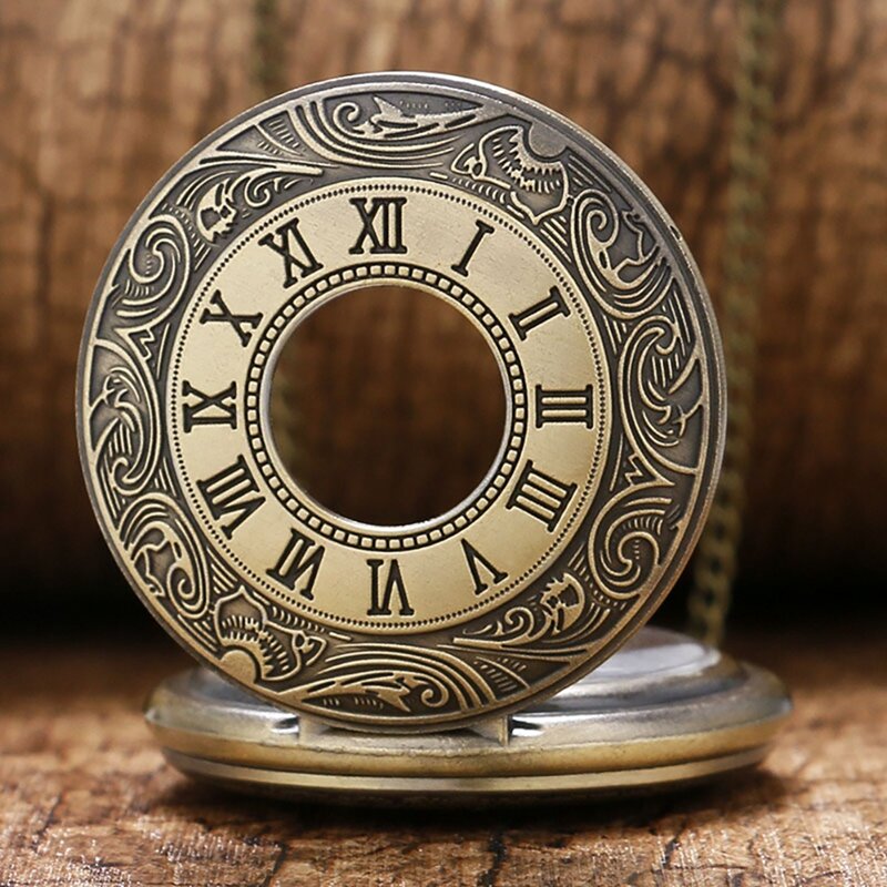 Retro Bronze Roman Scale Display Design Pendant Quartz Pocket Watch with Necklace Chain Leisure Men's Gift Clock