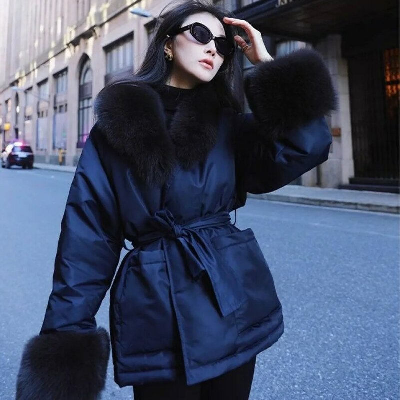 여성용 짧은 두꺼운 파카 코트 재킷, 모피 칼라, 레이스업 오버코트, 따뜻한 외투, 가벼운 럭셔리 겨울 2023