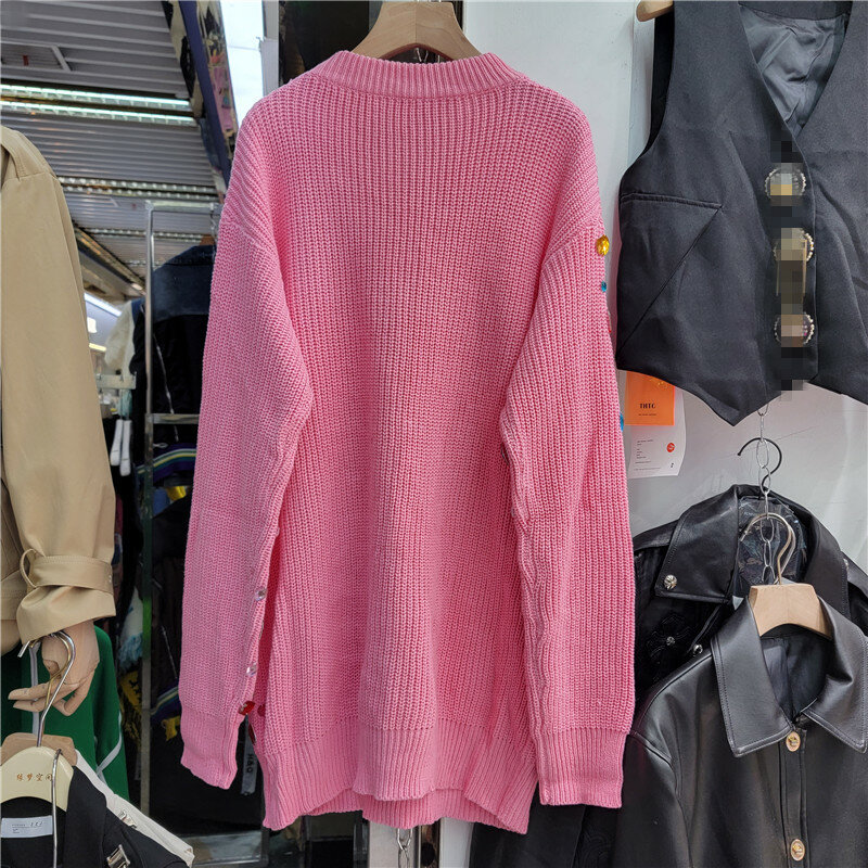 Новинка 2022, Осенний Свободный пуловер с цветными бриллиантами и бусинами, топ, вязаный Топ средней длины, Повседневный свитер с длинными рукавами для женщин