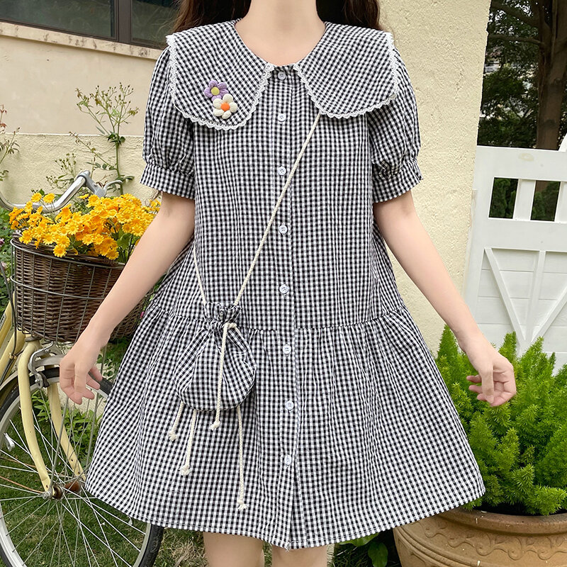 Mori girl plaid vestidos New summer fashion short sleeve mini kawaii dress