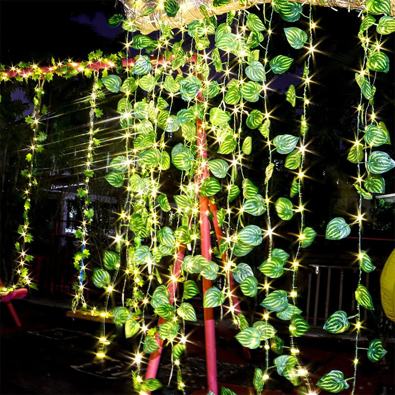 Impermeável Solar Power Fairy Guirlanda String Lights, folha verde, hera luz, ao ar livre, quintal, jardim, festa, decoração do casamento, 2-10m