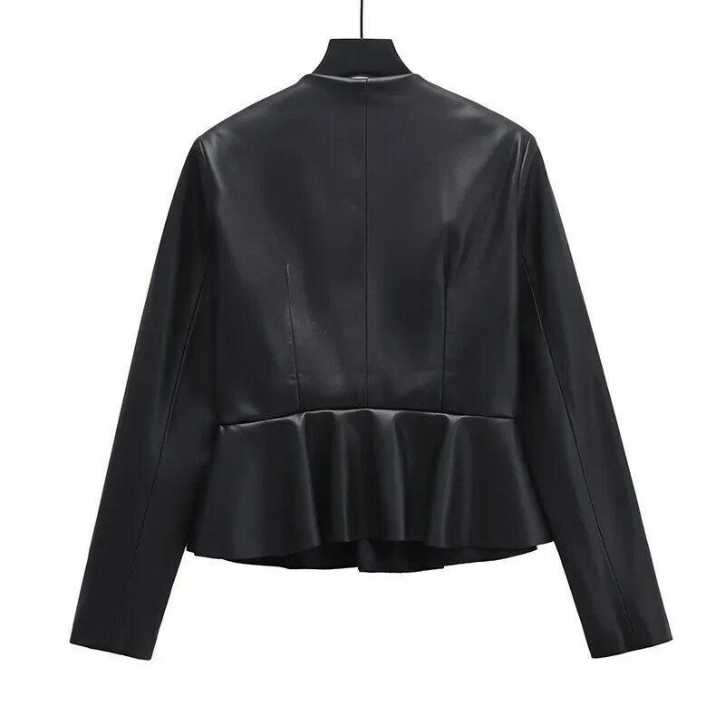 Damska kurtka z antykolumną damska w stylu Vintage Faux płaszcz skórzany Fashion czarna z okrągłym dekoltem z długim rękawem płaszczem damska odzież na co dzień