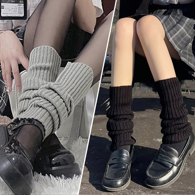 Kaus kaki penghangat kaki Y2K warna polos untuk wanita Lolita kaus kaki tebal hangat bergaya Jepang kaus kaki atas tumit terlihat ramping musim gugur musim dingin