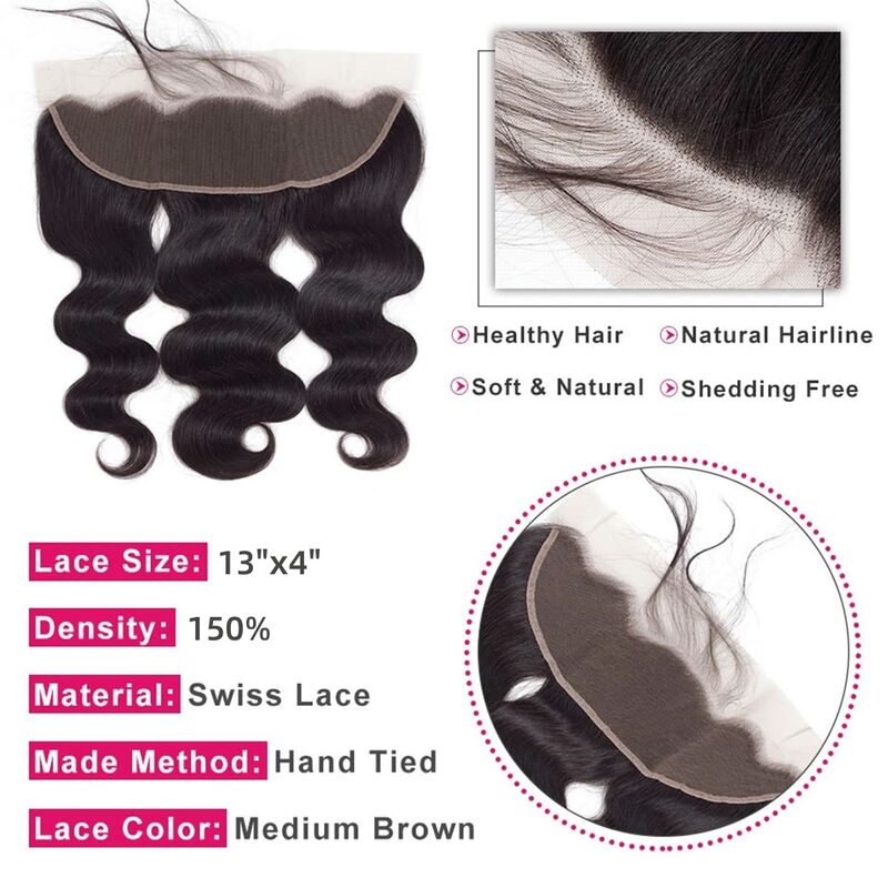 Extensiones de cabello humano brasileño, accesorio con cierre Frontal de encaje 13x4, 3 mechones con Frontal Natural, Color 1B, 100% sin tejer