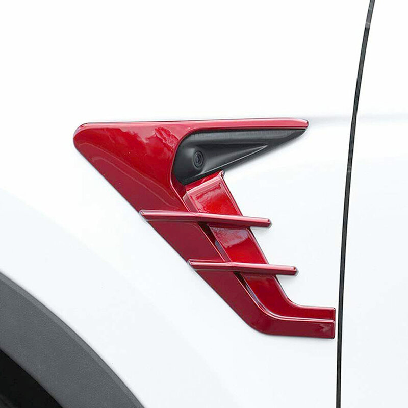 1 par exterior do carro frente esquerda direita fender câmera flanco proteção capa guarnição decoração apto para tesla model 3 y 2021 vermelho