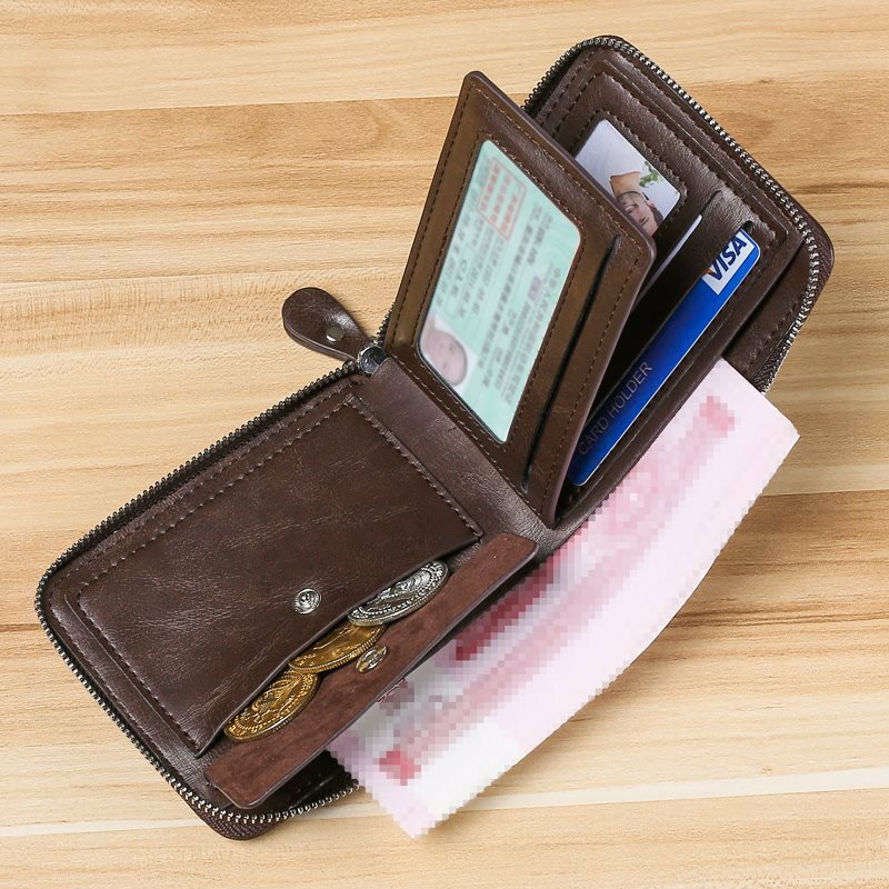 Кошелек мужской кожаный на молнии, классический модный бумажник с монетницей и RFID-блокировкой, кредитница для удостоверения личности