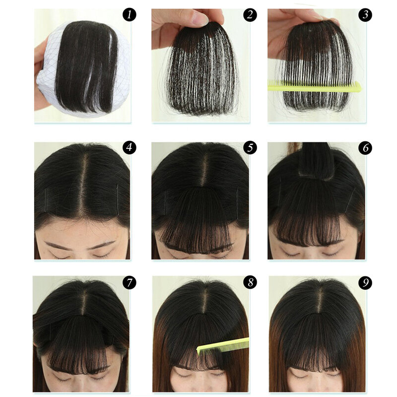 Franja sintética extensão do cabelo com franja de ar para as mulheres, natural curto, marrom, preto, cabelo falso, 1 clipe, acessórios para meninas