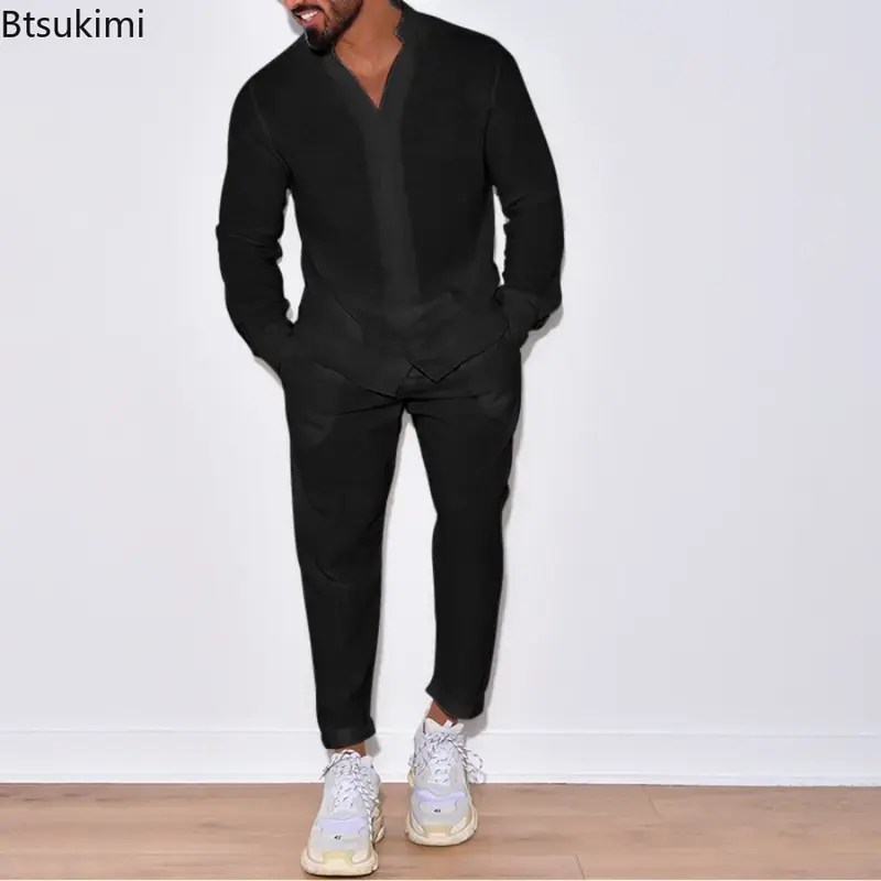 2024 Casual Long Sleeve Shirt and Pants Sets Men Solid Cotton Linen Tops Leisure Tees Trousers Suit Sets Fashion Tracksuit Male