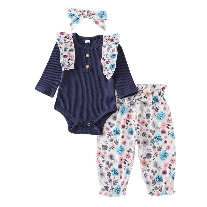 Pakaian bayi perempuan baru lahir, set pakaian bayi perempuan lucu dapat lipit lengan panjang biru cetak bunga celana pita ikat kepala 3 potong pakaian balita 0-24 bulan