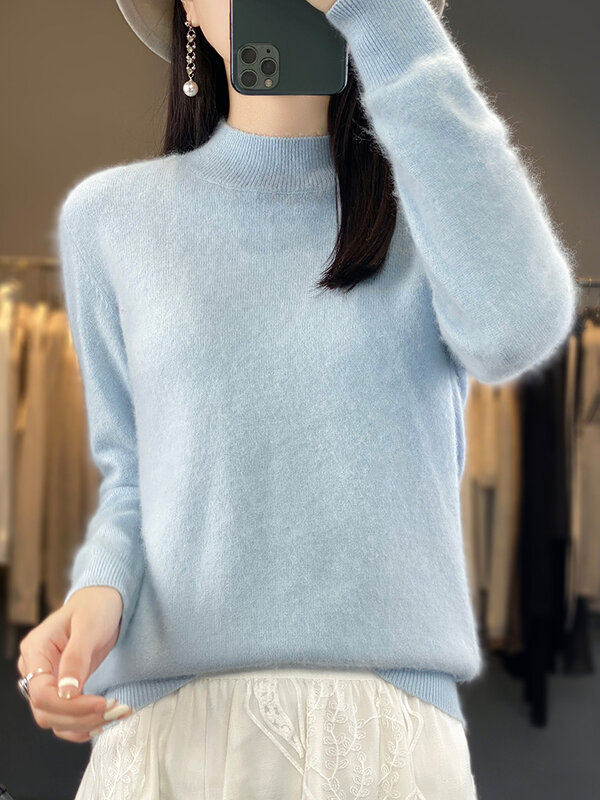 Sweter Pullover kerah tiruan polos untuk wanita, atasan dasar pakaian rajut kasmir kasual Mink 100% musim dingin