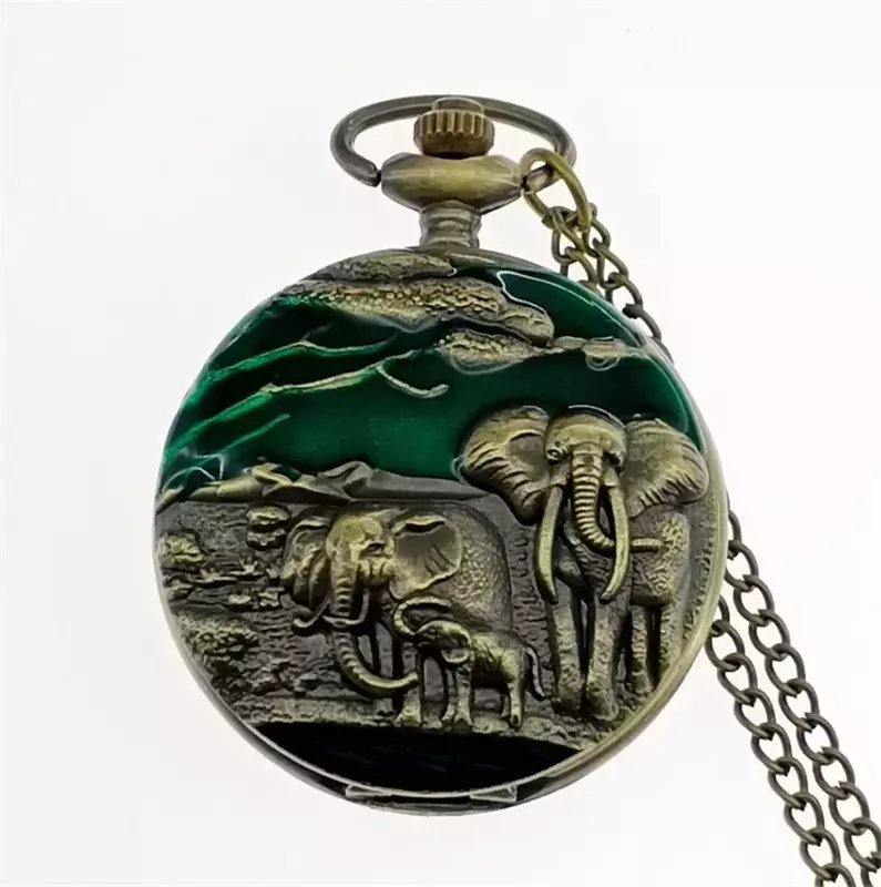 Antyczny metalowy zegarek kieszonkowy dla mężczyzn, zegar z biżuterią z żywicy, naszyjnik ze słoniem, wisiorek