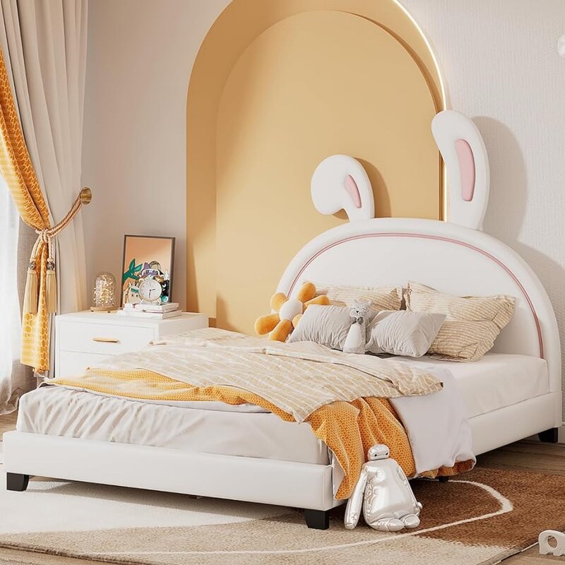 เตียงเด็กขนาดเต็มพร้อมเตียงเด็กรูปกระต่ายเฟอร์นิเจอร์ห้องนอนเด็กกรอบสีขาว