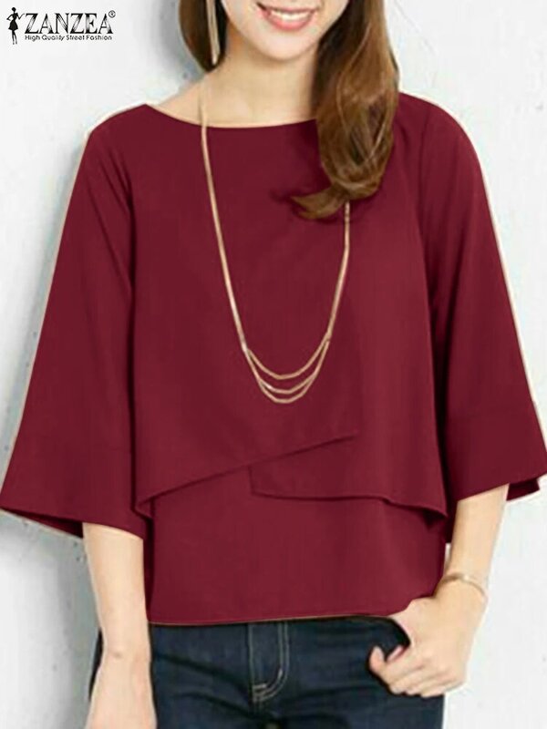 ZANZEA-Blusa de media manga para mujer, camisa informal de doble capa con cuello redondo, color liso, 2024