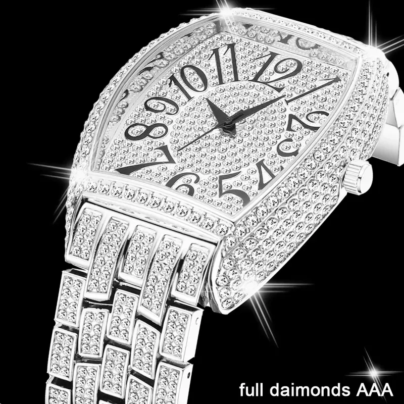 Iced para fora relógios para homens aço inoxidável prata relógio masculino hip hop quartzo relógio de pulso clássico tonneau cheio diamante relógios homem