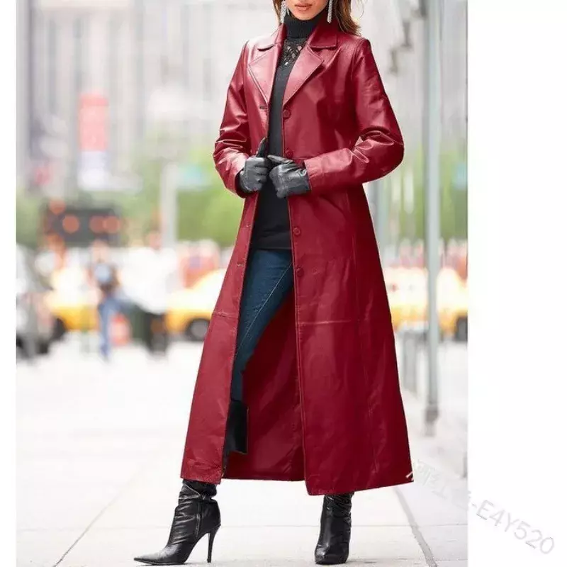 Wydłużony płaszcz kurtki ze skóry PU odzież wierzchnia Slim Fit Trend płaszcz skórzany trencz damskie płaszcze z długim rękawem skórzane płaszcz chroniący od wiatru