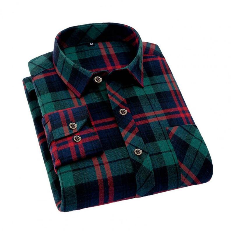 Men Shirt Plaid Single-breasted Turn-down Collar Slim Spring T-shirt for Daily Wear