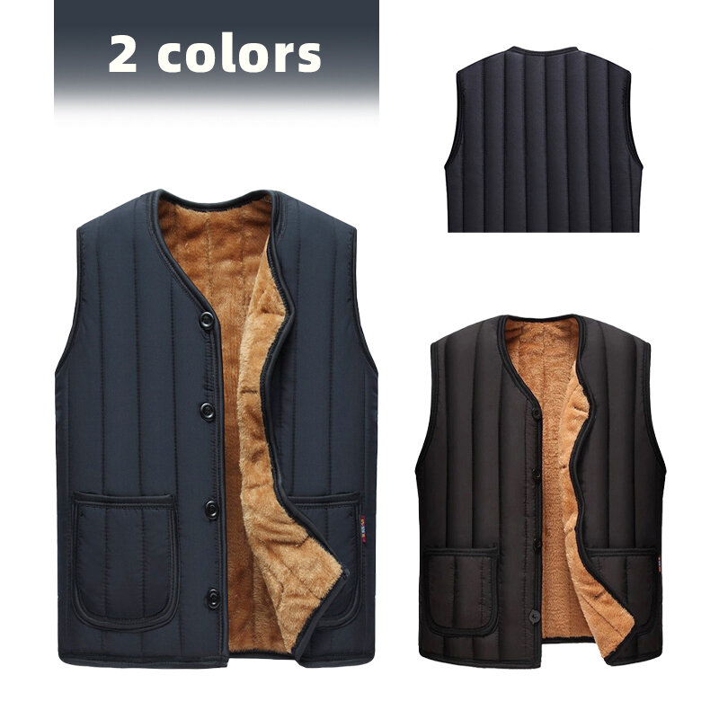 Winter Middle-aged Men's Black Vest Casual Hoodless Cardigan Plus Velvet Thickened Warm Vest Cold Protection Lined Dad Wear