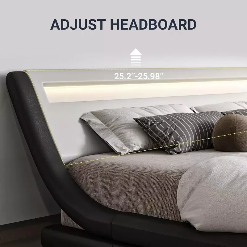 Bingkai tempat tidur platform LED dengan headboard yang dapat disesuaikan, tidak perlu kotak pegas, mudah dirakit, kulit putih dan hitam