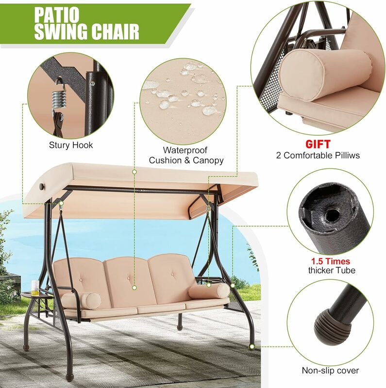 Outdoor Pátio Swing Chair com encosto ajustável e Canopy, Glider Chair, 3-Seat, Porch Swing