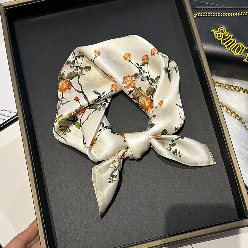 Pañuelo de seda de mora 100% con estampado de flores para mujer, pañuelo decorativo cuadrado de 53X53CM, pañuelos de cuello para primavera y otoño
