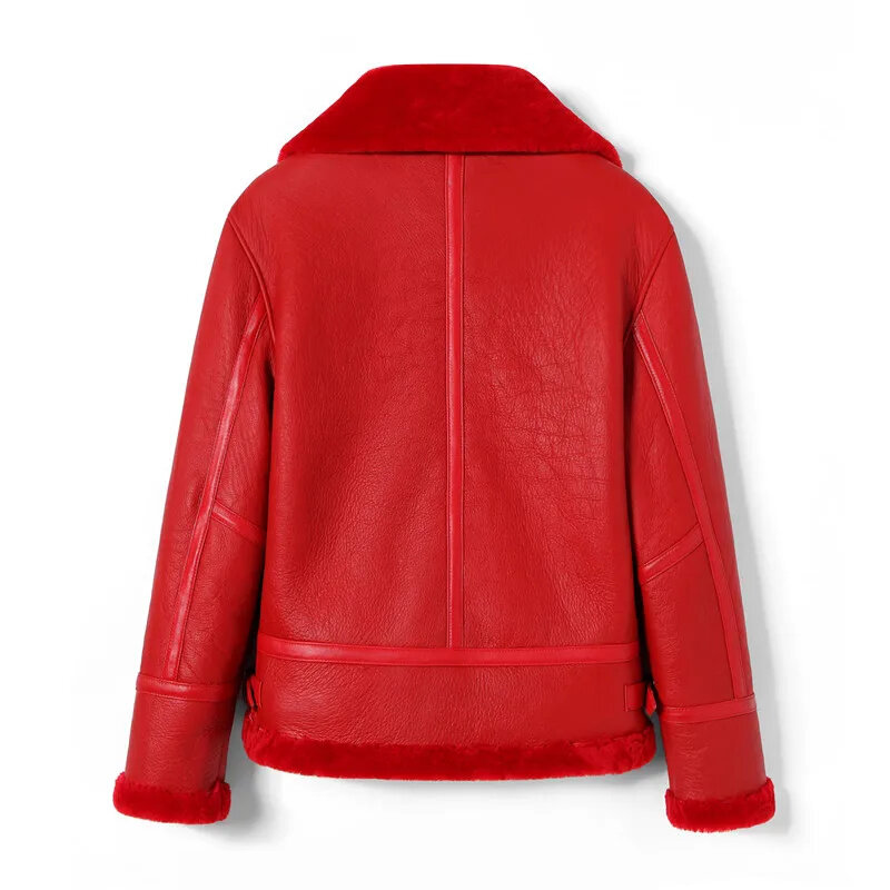 Abrigo de piel 100% natural para mujer, chaqueta de piel auténtica de calidad roja, tela de lana de oveja Real, envío gratis