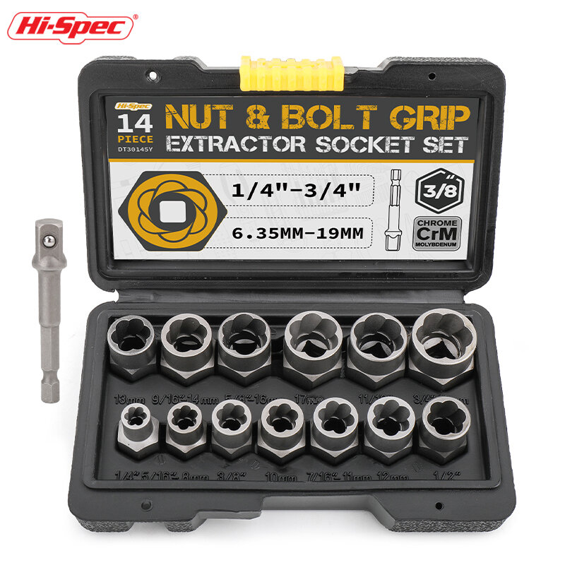 Hi-Spec-Damaged Impact Socket Tool Set, 14 Pcs, Removedor, Parafuso, Porca, Remoção, 3/8 ", Soquete de Driver Quadrado, 19mm, 17mm, 11mm