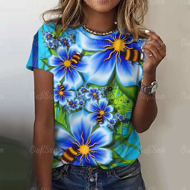 2024 modne damskie t-shirty z nadrukiem abstrakcyjne kwiaty luźny pulower letnie luźna krótka rękawy T-Shirt modne odzież damska