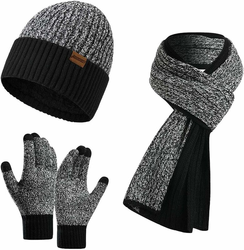 따뜻한 니트 남성용 스카브와 비니 모자 장갑 세트, 터치 스크린 장갑, 겨울 두꺼운 양털 안감 목 각반 모자 장갑