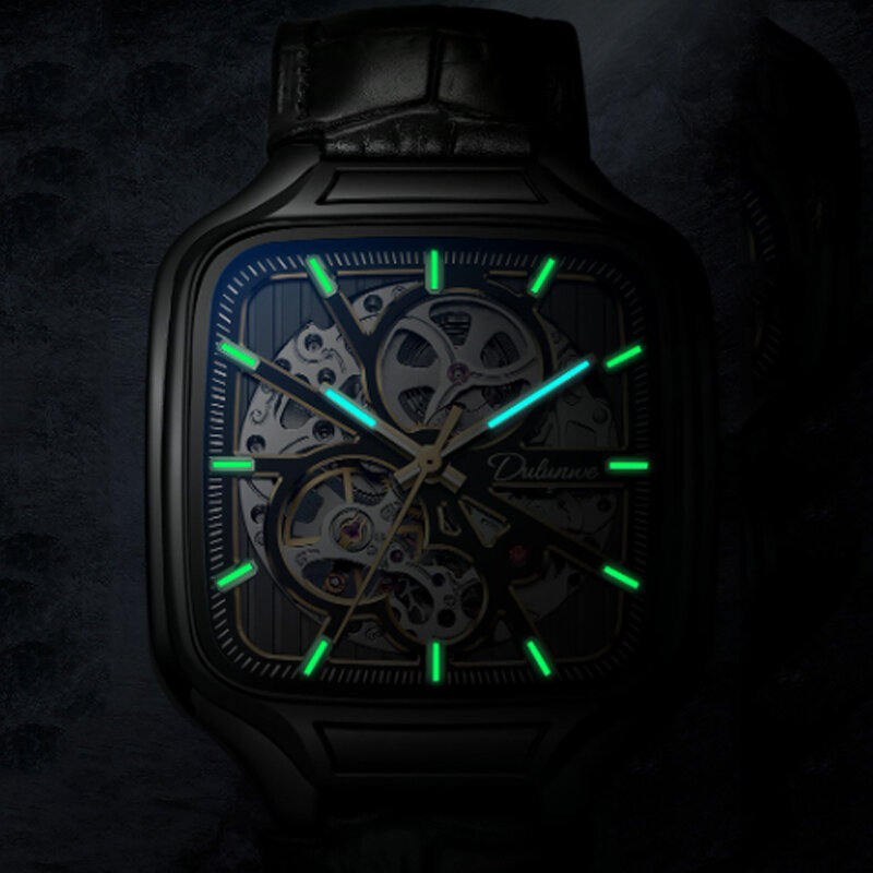 Orologio scheletro moda uomo acciaio inossidabile quadrante quadrato di alta qualità orologi meccanici automatici luminosi Relogios Masculino
